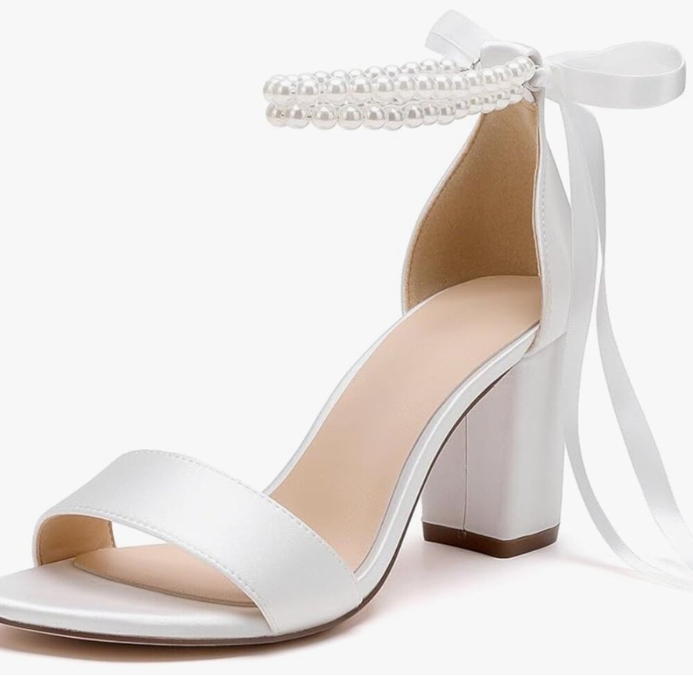 Open Toe Pearl Anke Strap Block Heels White Satin